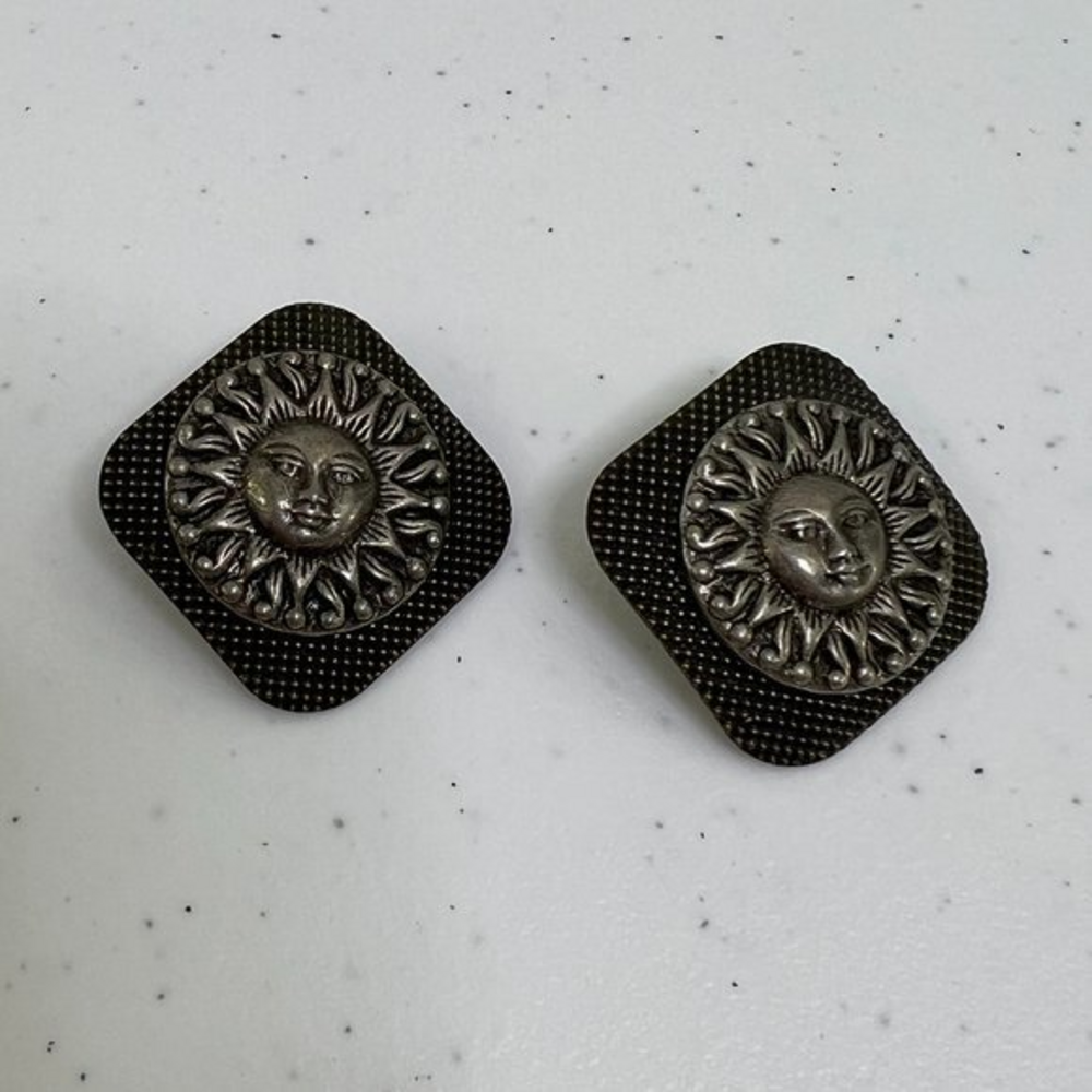 Sun Earrings Textured Brutalist Big Stud Silver Tone Black Gray‎ Statement Used,